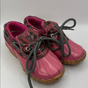 Pink Plaid “Duckie” Duck Boots with Gray Laces Size 10M
